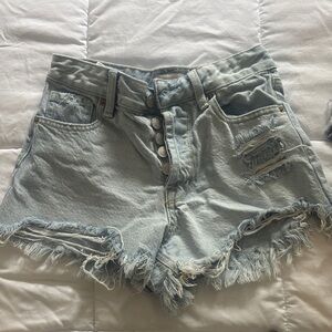 PacSun Light Blue Distressed Button-Fly Denim Shorts